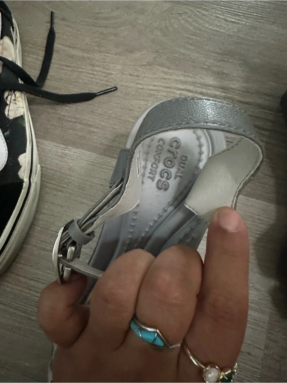 CROCS Light Gray and Off-White Wedge Sandals - Picture 3 of 3